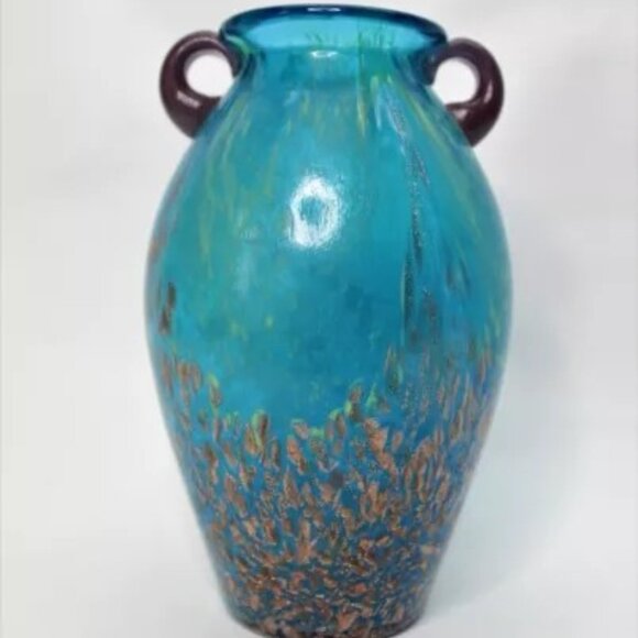 Decorative Art Glass Aqua Blue Gold Fleck Double Handled Vase - Picture 1 of 1